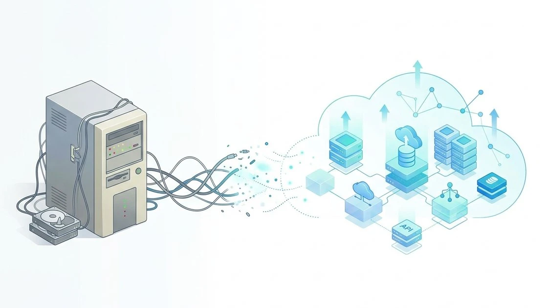 An outdated legacy application environment transforming into a modern